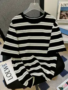 Women's Oversized Black & White Striped T-shirt, Casual Loose-fit Short-sleeve Streetwear Top, Y2K-style for Summer Daily Outfits, Everyday Fashion