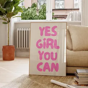 Yes Girl You Can Pink Wall Art – Motivational Quote Poster for Dorm Rooms, Positive Affirmation Decor, and Gifts for Girls
