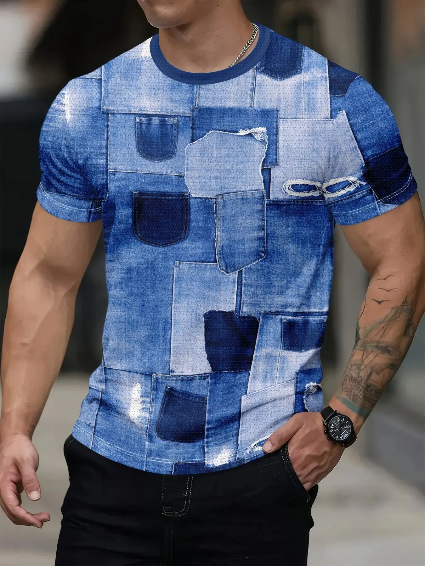 Deep and dark blue imitation denim patchwork short sleeved Round Neck shirt, vintage denim patchwork T-shirt, with holes and pockets, American retro style street style personalized dressing item, Clothes Fitted Tops Long Print Casual, Menswear, Streetwear