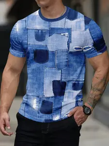 Deep and dark blue imitation denim patchwork short sleeved shirt, vintage denim patchwork T-shirt, with holes and pockets, American retro style street style personalized dressing item, Clothes Fitted Tops Long Print Casual, Menswear, Streetwear