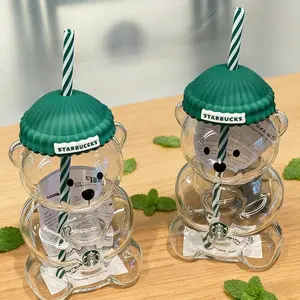 2025 Holiday Collection Viral Bearista Cold Cup, Cute Teddy Bear Glass CUp With Green Beanie-Style Lid & Stripped Straw, Nostalgia Coffee Mugs, Beer Wine Cocktail Drinks Glassware, New Model Bear Glass Cups