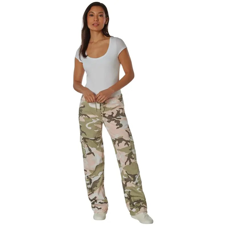 ROTHCO Women's Vintage Paratrooper Fatigue Pants in Subdued Pink Camouflage, Soft Ramie-Cotton Blend with 8 Pockets and Drawstring Ties, Clothes, Foldable, Outdoors, Cargo Trousers, Multi-Size, All Seasons, Mid Waist, Button, Casual, Fitted, Bottoms, Comf