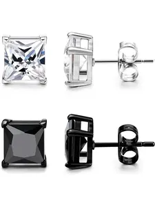 Black Silver Earrings for Men,Stainless Steel Cubic Zirconia Earrings 20G Mens Earrings Hypoallergenic CZ Earrings Studs Trendy Square Earring Studs Set 4-8MM High Quality Earrings