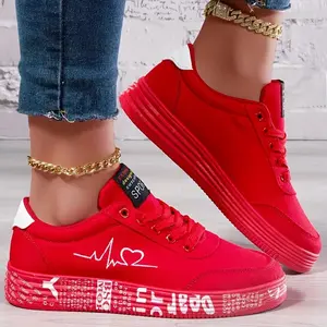 Women's Red Casual Sneakers | Breathable Fabric Upper with Heartbeat & Heart Design | Lightweight EVA Sole | Lace-Up Low-Top Skate Shoes for All Seasons | Trendy Street Style Footwear