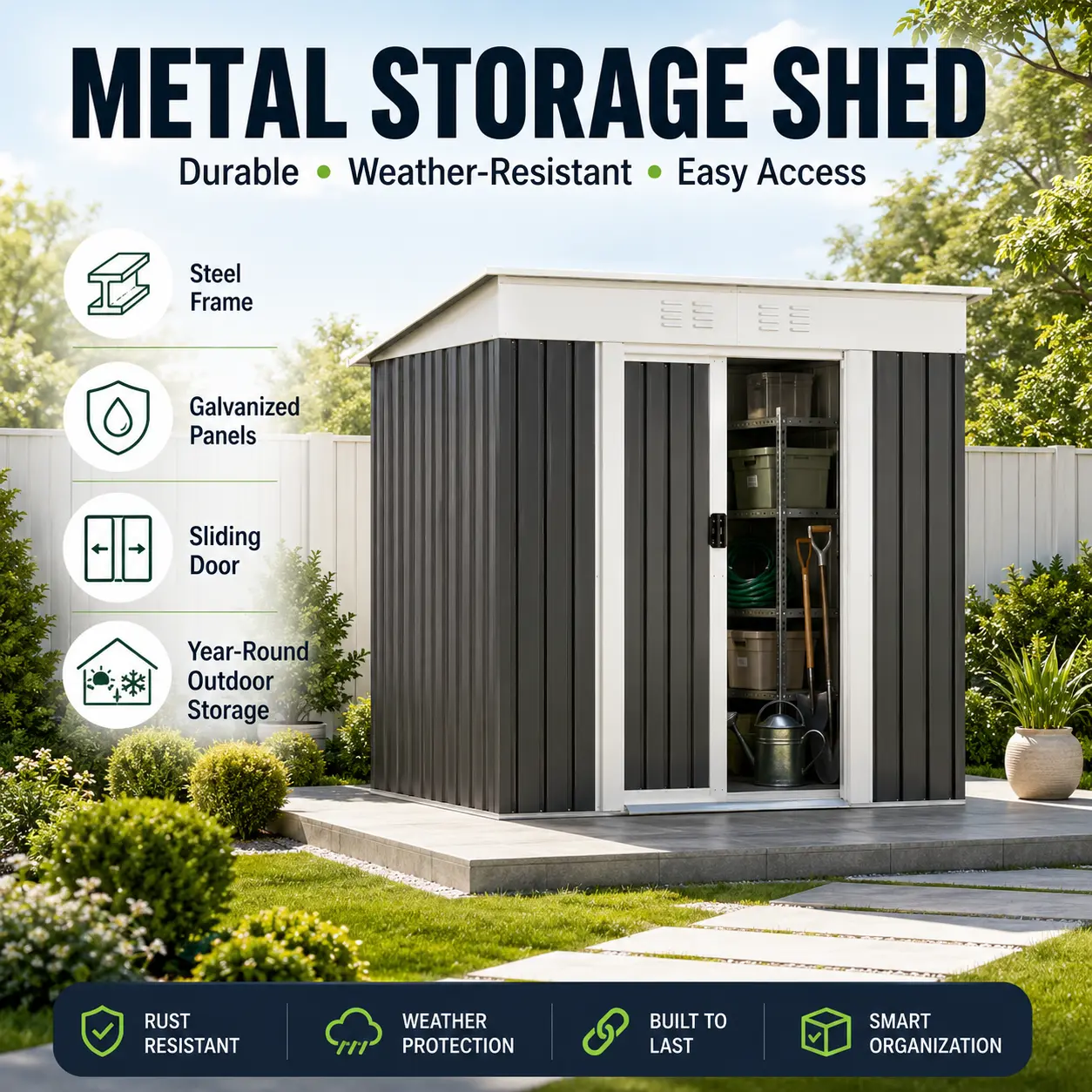 Outdoor Storage Shed Metal Garden Tool House Galvanized Steel Frame  Rust Resistant Grey Shed with Sliding Door Weather Resistant Color Steel Panels for Backyard Patio Lawn Equipment Outdoor Supplies Storage Organizer