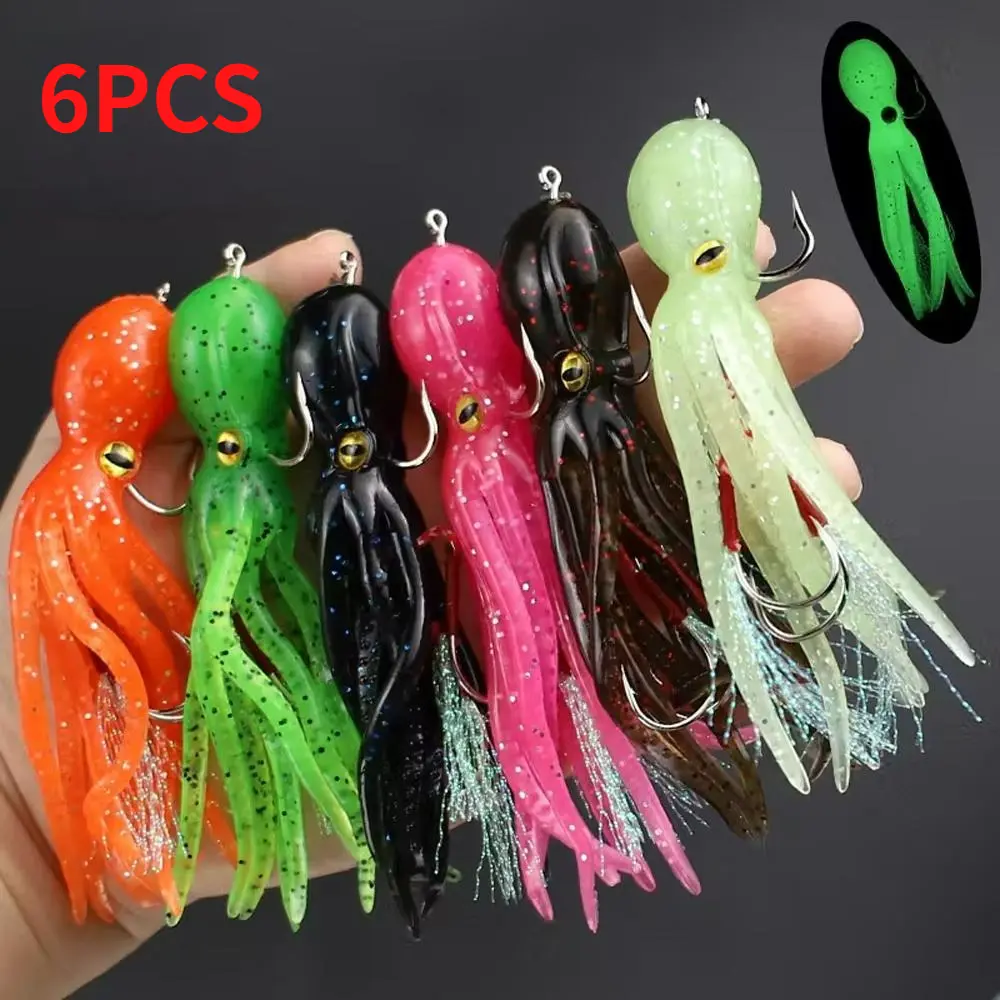 6PCS Soft Octopus Squid Swimbait Lures Set 10cm/21.5g Stainless Steel & Lead Jig Skirts Mixed Color Saltwater Fishing Lure