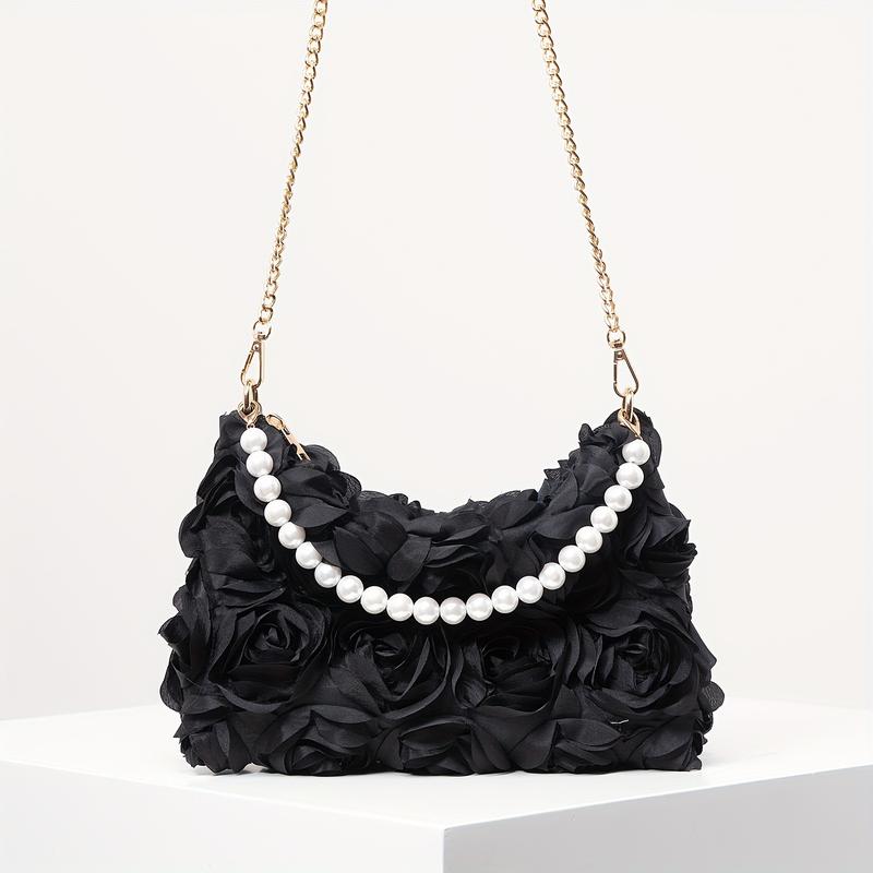 [Wedding Accessory] Elegant Rose-Embellished Crossbody Bag with Faux Pearl Accents - Sweet Pink Floral Evening Clutch, Ideal Valentine's Gift for Women, Polyester Lining, Zip Closure, Wedding Gifts