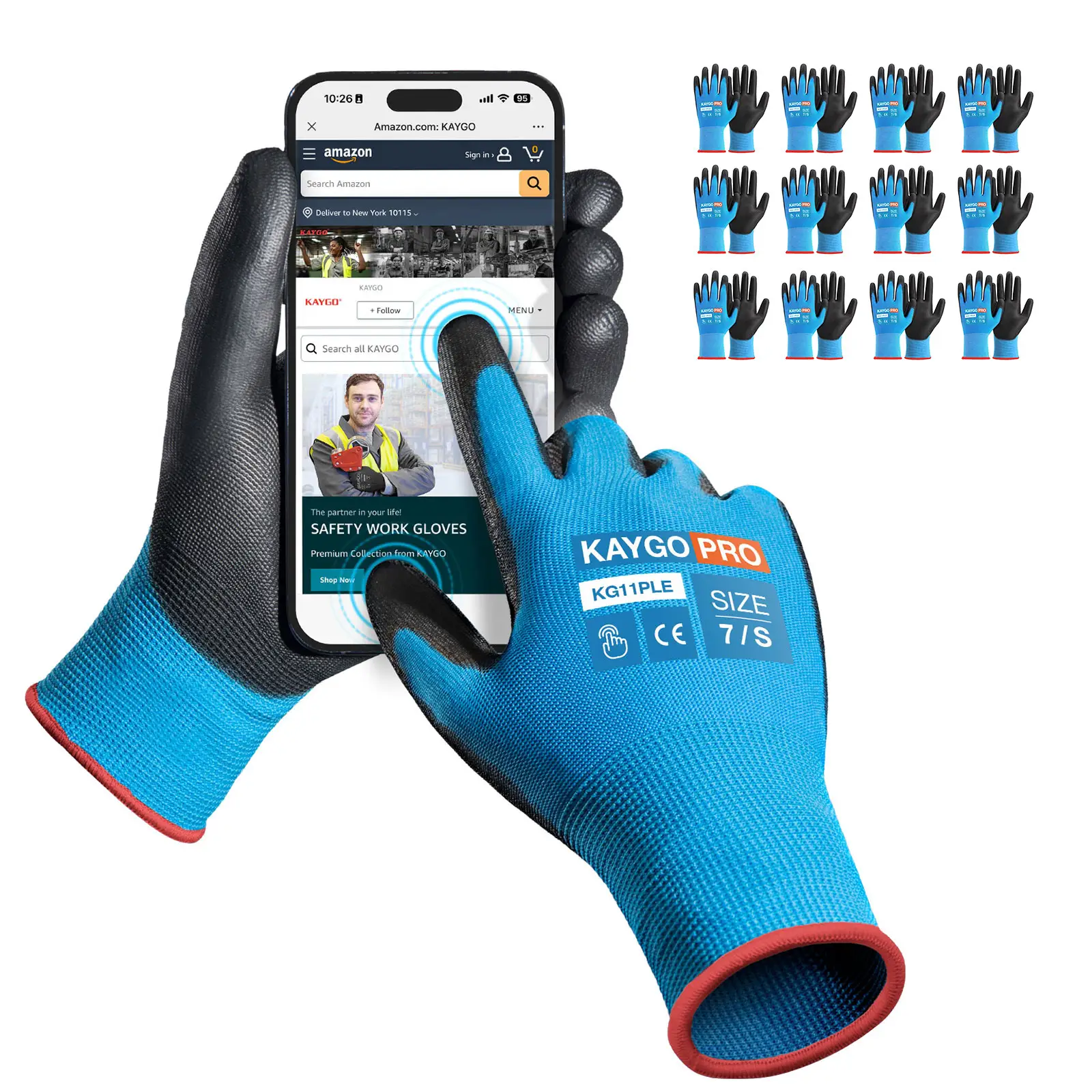 KAYGO Work Gloves for Men & Women PU Coated 12 Pairs ,Black Seamless Knit Glove with Polyurethane，Finger Touchscreen, for Men and Women, Ideal for Lig