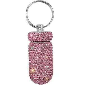 Rhinestone Decorated Portable Pill Box,Container Waterproof Pill Holder with Keychain Bling Medicine Dispenser Bottle Storage for Camping Travel Pink