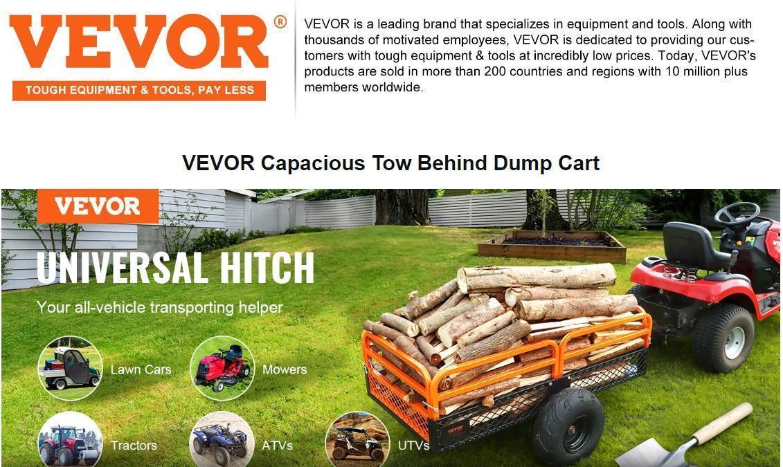 VEVOR Heavy Duty Steel ATV Dump Trailer, 1500-Pound Load Capacity 15 Cubic Feet, Tow Behind Dump Cart Garden Trailer, with Removable Sides and 2 Tires, for Mowers, Tractors, ATV, UTV