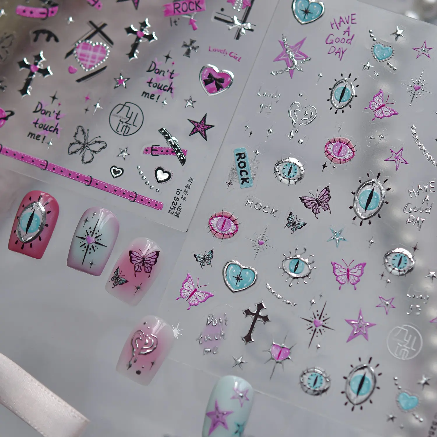 Dark Style Quirky Nail Stickers Metallic Sweet Cool Hot Girl Demon Eyes Butterfly Spider Cross Nail Stickers