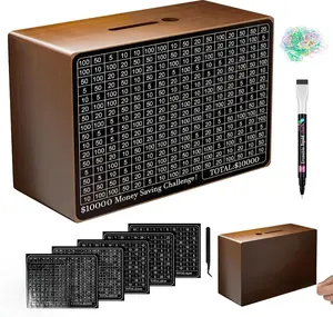 Wooden Money Saving Box, Cash Savings Box for $10000 $5000 $3000 $1000 $800 $500 Target Money Saving Challenge, Money Box with Counter/Dry Erase Pen/Savings Trackers/Rubber Band-Brown