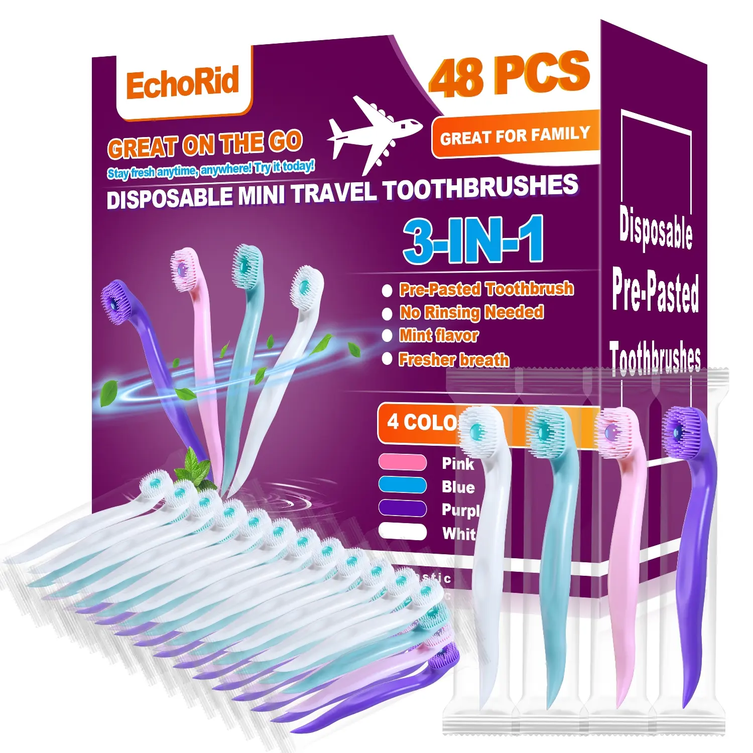 3-in-1 toothbrush, 48 disposable toothbrushes, Toothbrush Bulk, mini travel toothbrush, soft-bristled toothbrush, ready-to-use toothbrush, travel oral care tool, no need to rinse, mint flavor, Toothbrush Set, Oral care supplies