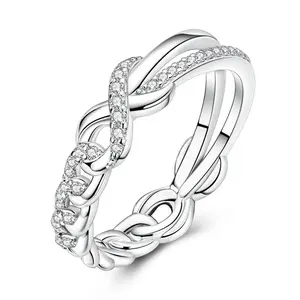 MULA S925 Sterling Silver infinity chain ring, plated with platinum and CZ, elegant twist ring, perfect gift for girls and women for birthday, graduation, Valentine's Day