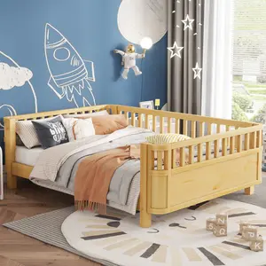 Full Size Bed for Kids, Wood Platform Bed Frame with Rails for Girls and Boys, No Box Spring Needed