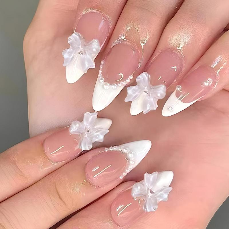 144 Pcs Press On Nails (6 Packs) | Nude Pink French, Bow & Floral Mix | Almond & Coffin Shapes | 3D Flower, Ribbon Bow & Glitter Styles | Reusable Stick On Nails with Jelly Glue | 12 Sizes