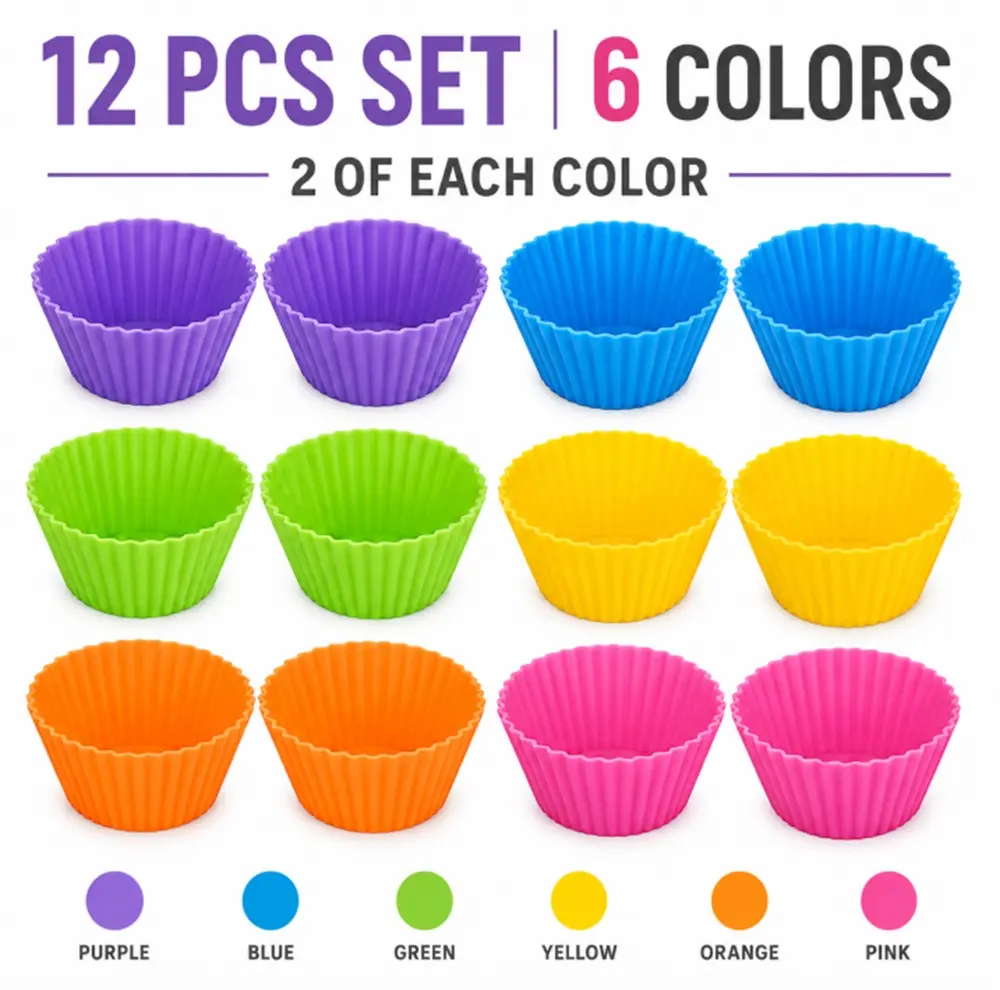 TIKA 12-Piece Silicone Baking Cup Set, Reusable Cupcake Liners and Cookie Molds for Muffins, Chocolates and Cakes