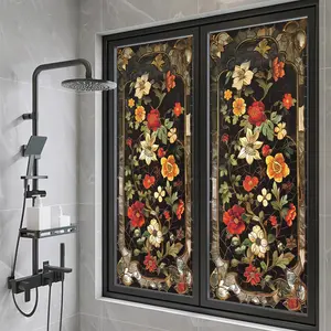 Floral Pattern Static Cling Glass Film, Flower Design Colorful Printed Decorative Privacy Film, Decorative Sticker for Home and Office, Window Privacy Films