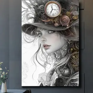 One Piece Steampunk Lady Canvas Art Print, Modern Steampunk Lady Mechanical Hat Canvas Art Print, High Definition, Pre-Adhesive, Reusable, Detachable, Glass Surface Compatible, Suitable for Living Room and Bedroom Decoration, Ideal Gift and Home Decor Wal