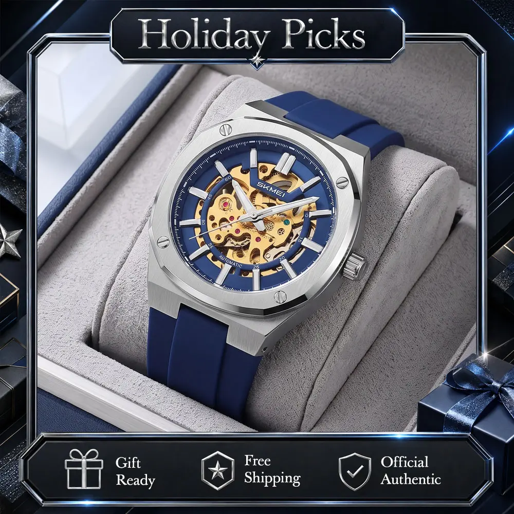 SKMEI Men's Automatic Watch, Polygonal Skeleton Mechanical Watch with Visible Movement, Self-Winding Open-Work Dial Silicone Band Watch for Men, Everyday Sport and Casual Wear, Gold Silver Mechanical Wrist Watch