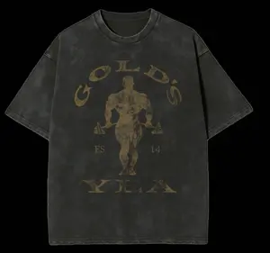 Gold's Gym Motivation Design With Golden Lettering Weightlifting Washed Round Neck T-Shirt 230gsm All Season Fitness Training Gear Sporty Vintage Crewneck DEP