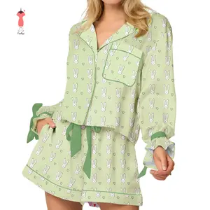 Women's Easter Pajama Set Long Sleeve Lapel Bunny Print Shirt Wide Leg Shorts Sleepwear