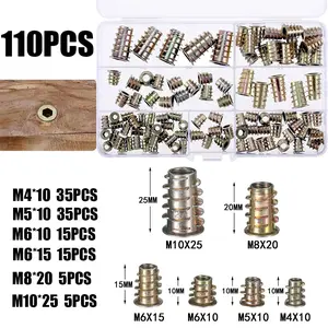 110pcs Zinc Alloy Material Furniture Hex Socket Thread Insert Kit, Heavy Duty Fastening, M4/m5/m6/m8/m10, 6 Sizes, Ideal for Wooden Furniture Assembly Tools