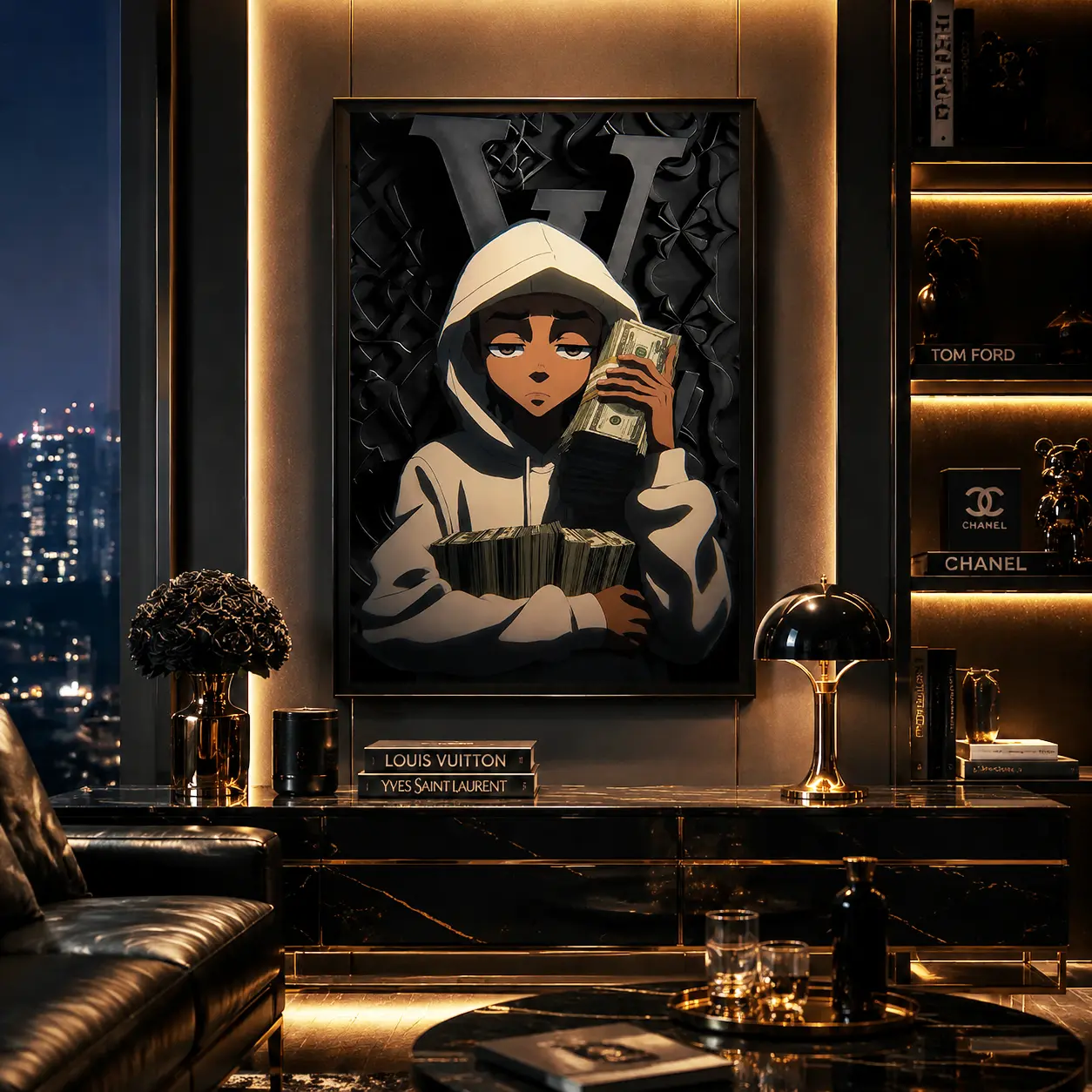 Riley Freeman “Stack of Cash” Money Canvas Wall Art Poster - Hip Hop Anime Inspired Luxury Cash Theme Print, Modern Masculine Room Decor for Bedroom, Game Room & Man Cave Gift for Streetwear & Anime Fans