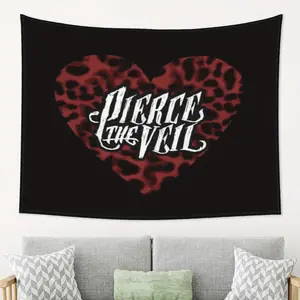 Pierce the Veil Heart Icon Tapestry - Black & Red Leopard Print Wall Hanging with Bold White Lettering, Peach Light Beige Fabric Bohemian Nordic Style Home Decor for Bedroom, Living Room, Office & Party Decoration, Bedroom Accent | Artistic Ambiance