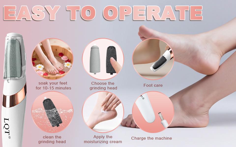 LQT Rechargeable Electric Foot File - Professional Pedicure Tool for Dead Skin, Hard Skin, Cracked Heels, with LED Light & 2 Grinding Heads