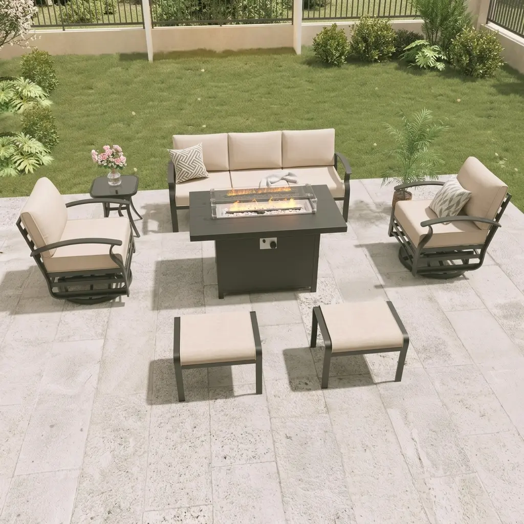 Kullavik Ergonomic 7-Piece Aluminum Modern Patio Conversation Set - 45" Fire Pit Table, 2 Swivel Rocking Chairs, 2 Ottomans Outdoor Furniture Set, Modern Patio Set