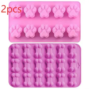 2pcs/set Puppy Dog Paw Baking Pan, Non-Stick Food Grade Silicone Mold, Dog Bone Cookie Mold, DIY Baking Tools for Chocolate, Candy, Jelly, Ice Cubes