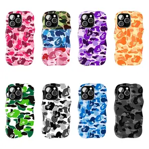 Multi-Color Camo BAPE-Inspired Phone Case, Curved Wavy Edge Anti-Scratch Soft Case for iPhone 16/15/14/13/12 Pro/Plus