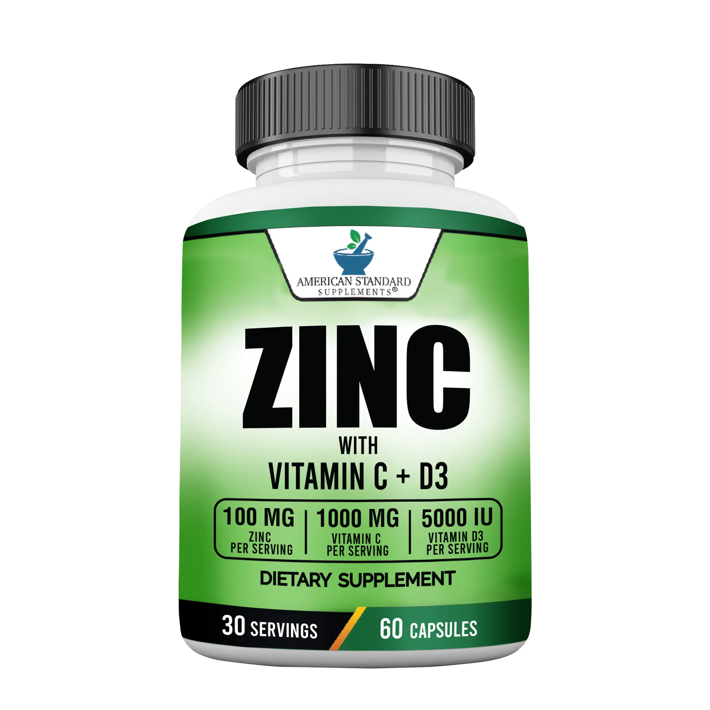American Standard Supplements Zinc 100mg, Vitamin C 1000mg, and Vitamin D3 5000 IU (125mcg) Per Serving - Gluten Free, Non-GMO
