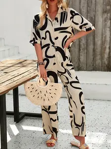 Two-Piece Set Women's All Over Print Woven Button Front Shirt & Elastic Waist Pants, Casual Half Sleeve Collared Top & Wide Leg Trousers for Summer, Ladies Clothes for Daily Wear Womenswear