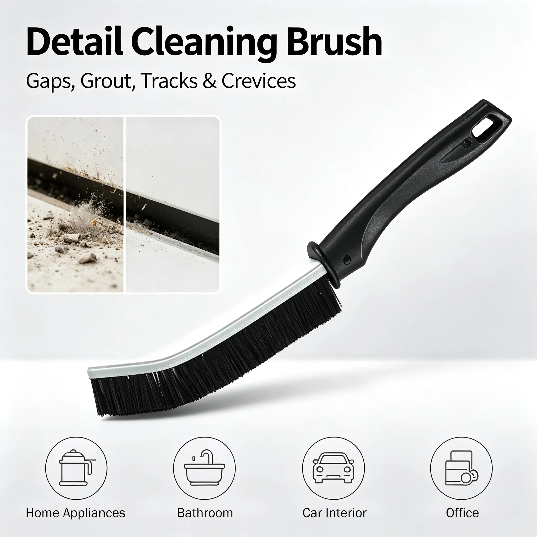 Long Handle Gap Cleaning Brush, Stiff Dense Bristles Detail Scrub Brush with Hanging Hole, Slim Thin Grout Cleaner Brush for Bathroom Tile, Kitchen Sink, Car Interior, Keyboard, Sofa, Household Appliances
