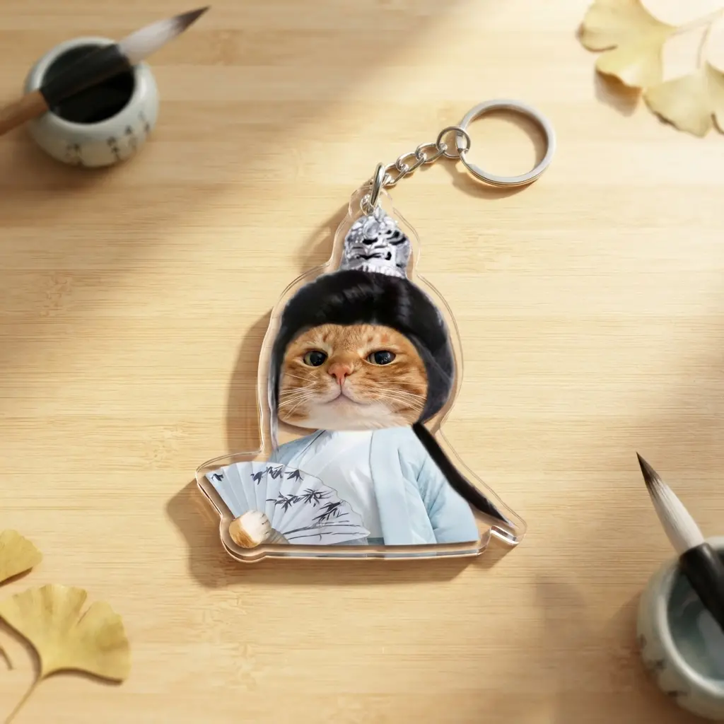 Cute Cat Acrylic Keychain | Funny Cat Lover Gift | Ancient Asian Costume Kitten Keyring | Whimsical Pet Charm for Backpack Purse Accessory