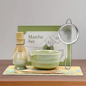 Green Matcha Whisk Making Set -   Kit with Whisk Bowl and  Scoop Ceramic Chawan with Spout for Traditional  Ceremony Complete Matcha Making Tools  for  Lovers (Green, 7 count)