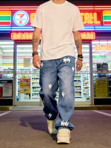 Men's Fashion Lightning Embroidery Washed Blue Straight Leg Jeans, Trendy Hip-Hop Streetwear Long Pants, Casual Loose-Fitting Plain Denim for All Seasons