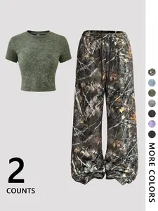 Two-Piece Set Women's Camo Print Crop Shortsleeve Tee & Wide Leg Pants, Casual Street Fashion Round Neck Short Sleeve T-shirt & Trousers for Daily Wear, Ladies for All Seasons, Clothes, Track Pants Set