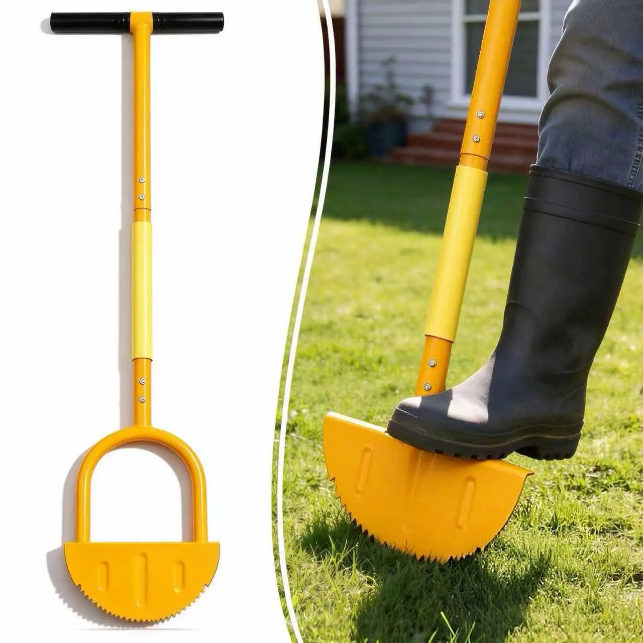 CHUNTAO Manual Half Moon Metal Grass Edger - Serrated Edge, T-Shaped Handle, Adjustable Design - Adjustable Trimmer for Sidewalk, Driveway (Garden & Lawn Bordering Tool)