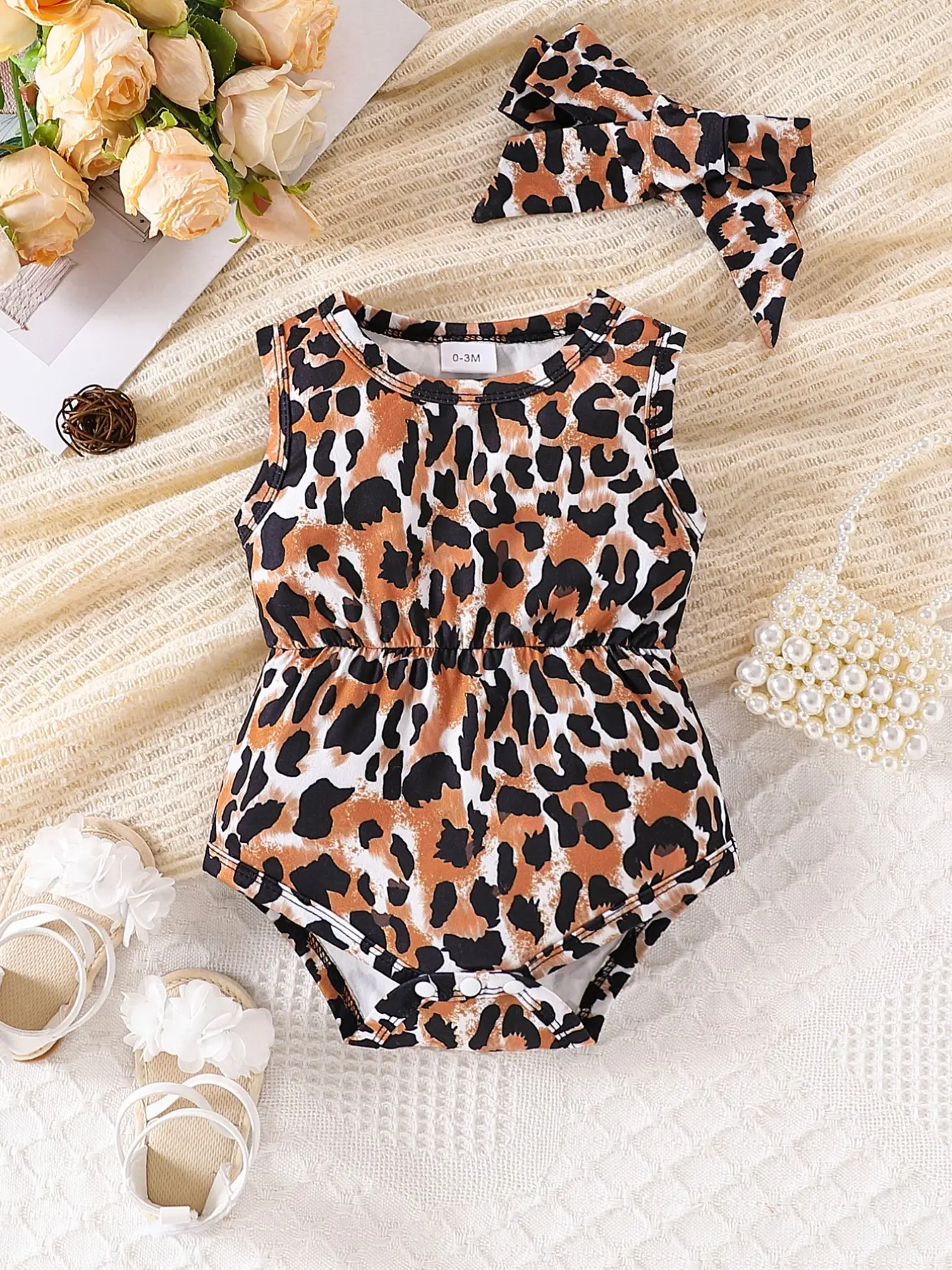 Baby Leopard Print Sleeveless Romper Set with Hairband, Bodysuit, Baby Girl Clothes, Baby Clothing, Breathable Summer, Easy Wear Snap Closure, Perfect for Outdoor Photoshoots