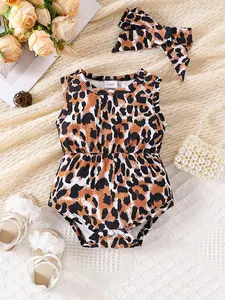 Baby Leopard Print Sleeveless Jumpsuit Set with Hairband, Bodysuit, Breathable Summer, Easy Wear Snap Closure, Perfect for Outdoor Photoshoots