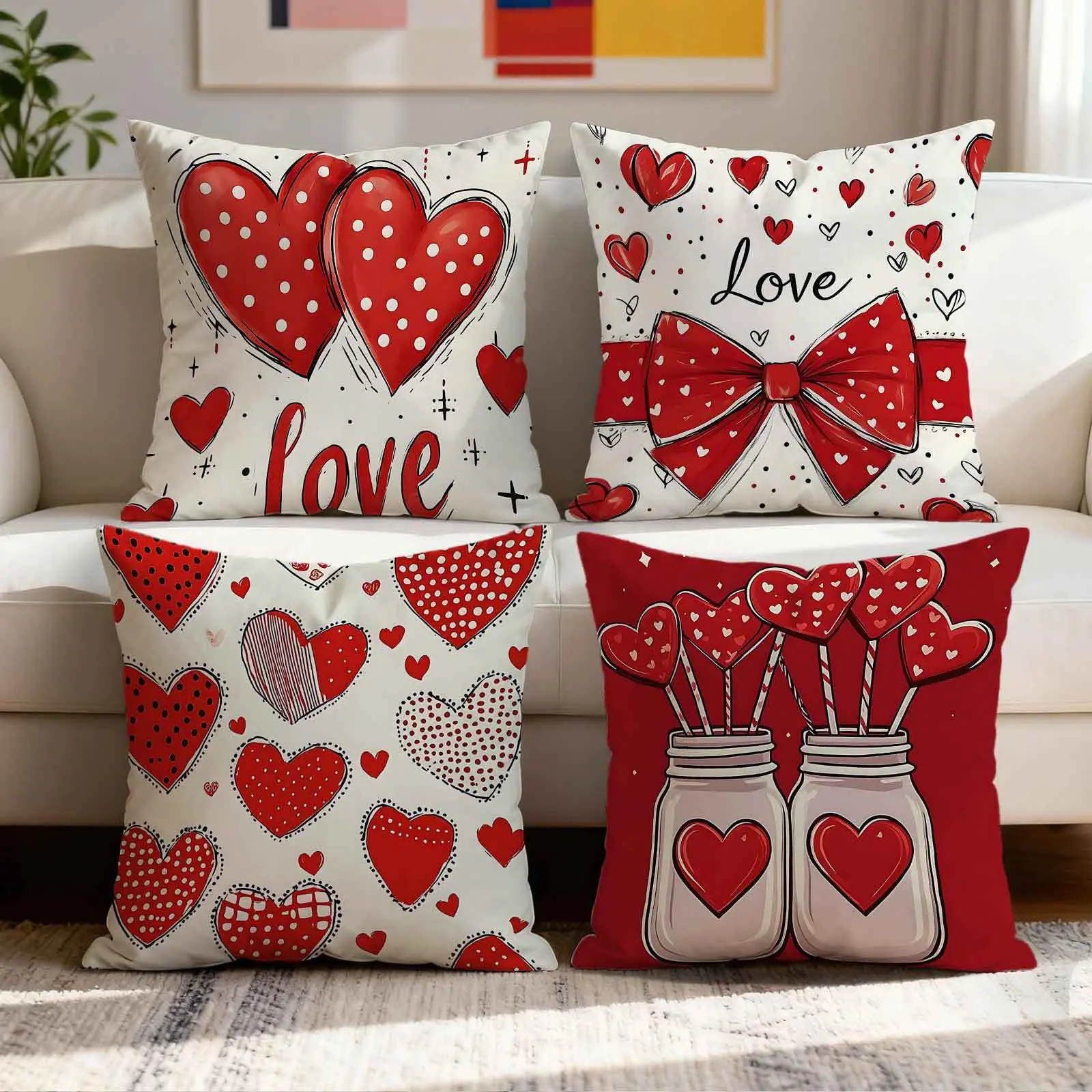 4pcs Valentine'S Day Love-themed Pillowcases | Adorable Heart Patterns, Red Bow & Jar with Heart-shaped Lollipops Design,
