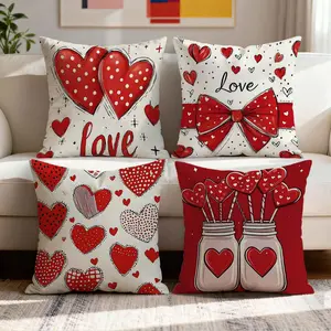4pcs Valentine'S Day Love-themed Pillowcases | Adorable Heart Patterns, Red Bow & Jar with Heart-shaped Lollipops Design,