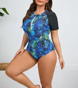 EOMENIE Women's Plus Size Swimsuit One Piece Swimwear Half-zip neckline Tropical leaf print Outdoorfun