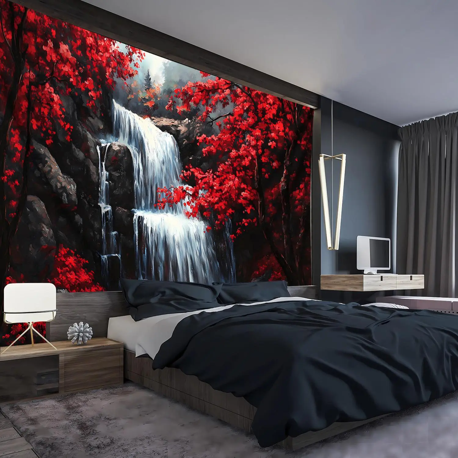 [Dreamy Red Forest Tapestry] 1pc- Ultra Large Size- Dreamy Red Forest Waterfall Landscape Photo Huge Digital Printing Tapestry, Aesthetic High-Definition Printing Polyester- for Living Room Bedroom Party Decoration- with Free Hanging Clips Wall Decoration