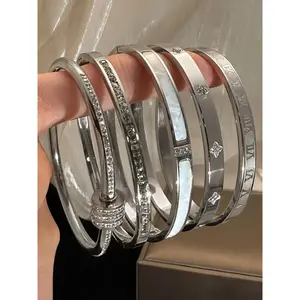 5-Piece Waterproof Titanium Steel Bracelet Set, Rhinestone Star Design, Plated, Versatile Style, Unisex Jewelry