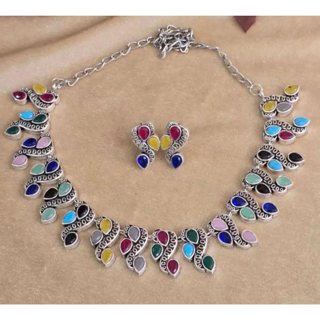 Handcrafted Necklace and Earrings Set with Colorful Stones and Silver Tone Finish