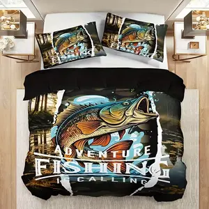 3-Piece Lake Fishing Theme Bedding Set, Includes One Fitted Sheet and Two Pillowcases, Perfect Bedroom Decoration